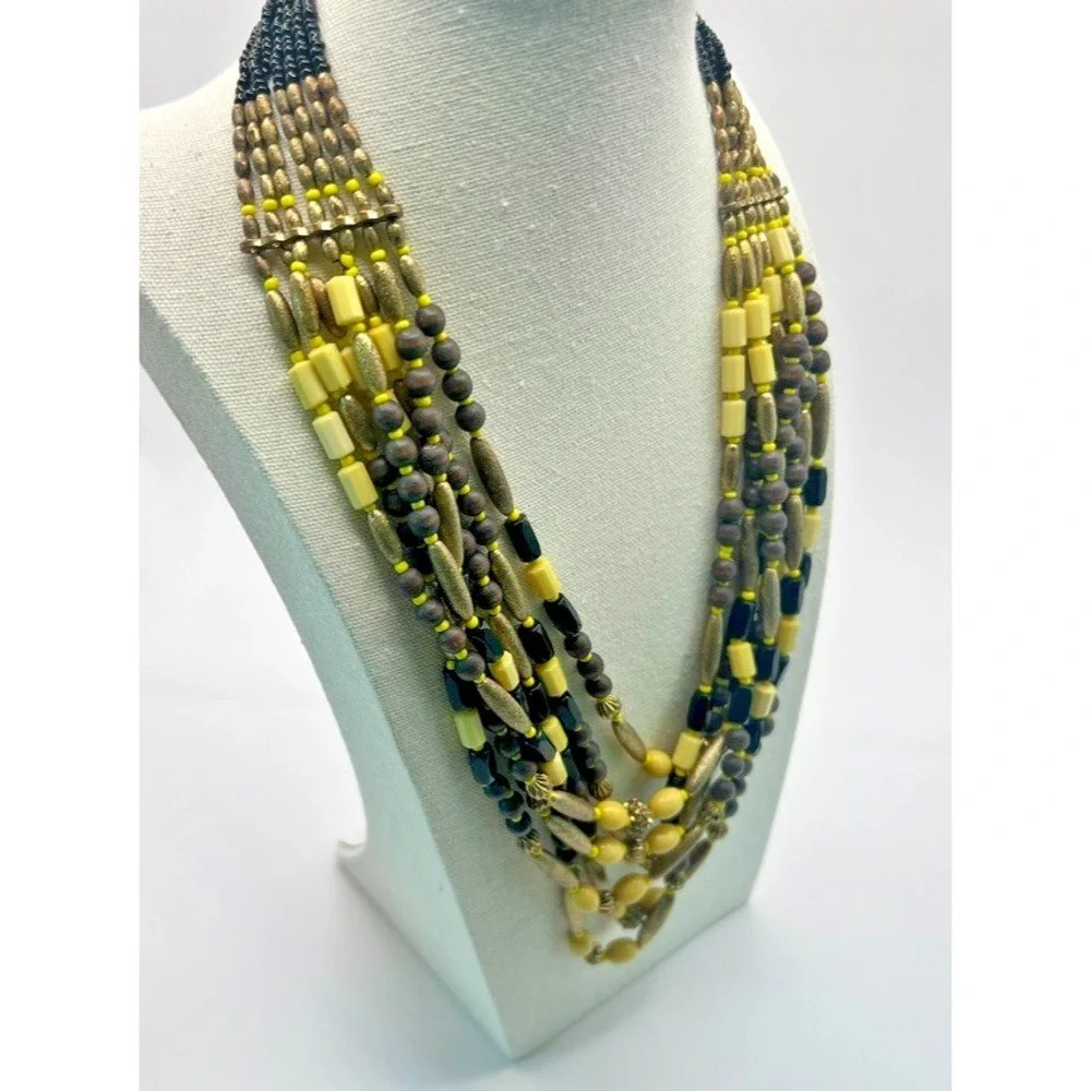Vintage Boho Multi-Strand Necklace Yellow Black Natural Wood Seed‎ Beads Earthy